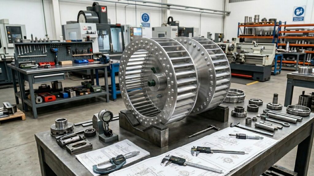 Fabricación de turbinas industriales en taller electromecánico